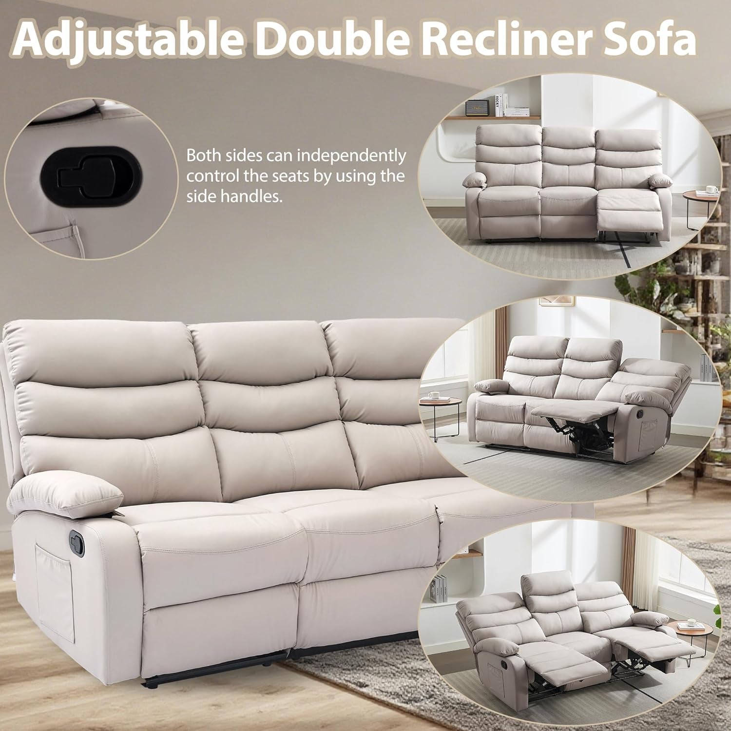 Manual 3 Seat Reclining Sofa Leather 3-Seater Manual Reclining Couch with Overstuffed Arms 3 Seater Couch Recliner Hidden Storage for for Living Room RV Home Theater Apartment Beige