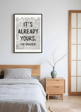 Framed Black and White Retro Newspaper Wall Art - "It's Already Yours" Universe Quote - Inspirational Canvas Print for Bedroom, Office, Apartment, and Dorm - 8x12 Inches