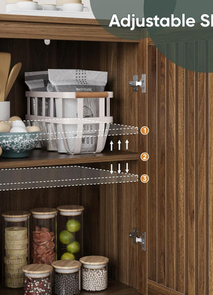 63" Long Sideboard Buffet with 4 Louvered Doors, Adjustable She, and Gold Handles - Farmhouse Storage Cabinet for Entryway, Kitchen, Dining Room, and Living Room in Walnut Finish
