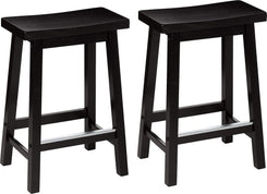 Solid Wood Saddle-Seat Kitchen Counter Barstool with Footrest, Easy Assembly - 24-Inch Height - Black - Set of 2