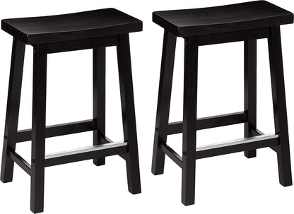 Solid Wood Saddle-Seat Kitchen Counter Barstool with Footrest, Easy Assembly - 24-Inch Height - Black - Set of 2