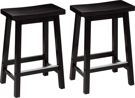 Solid Wood Saddle-Seat Kitchen Counter Barstool with Footrest, Easy Assembly - 24-Inch Height - Black - Set of 2