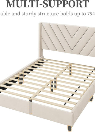 Upholstered Queen Bed Frame with Winged Headboard and Wooden Slat Support - No Box Spring Required, Beige