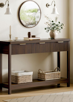 51-Inch Fluted Console Table with Three Wooden Drawers - Farmhouse Style Entryway Table for Living Room, Hallway, and Foyer