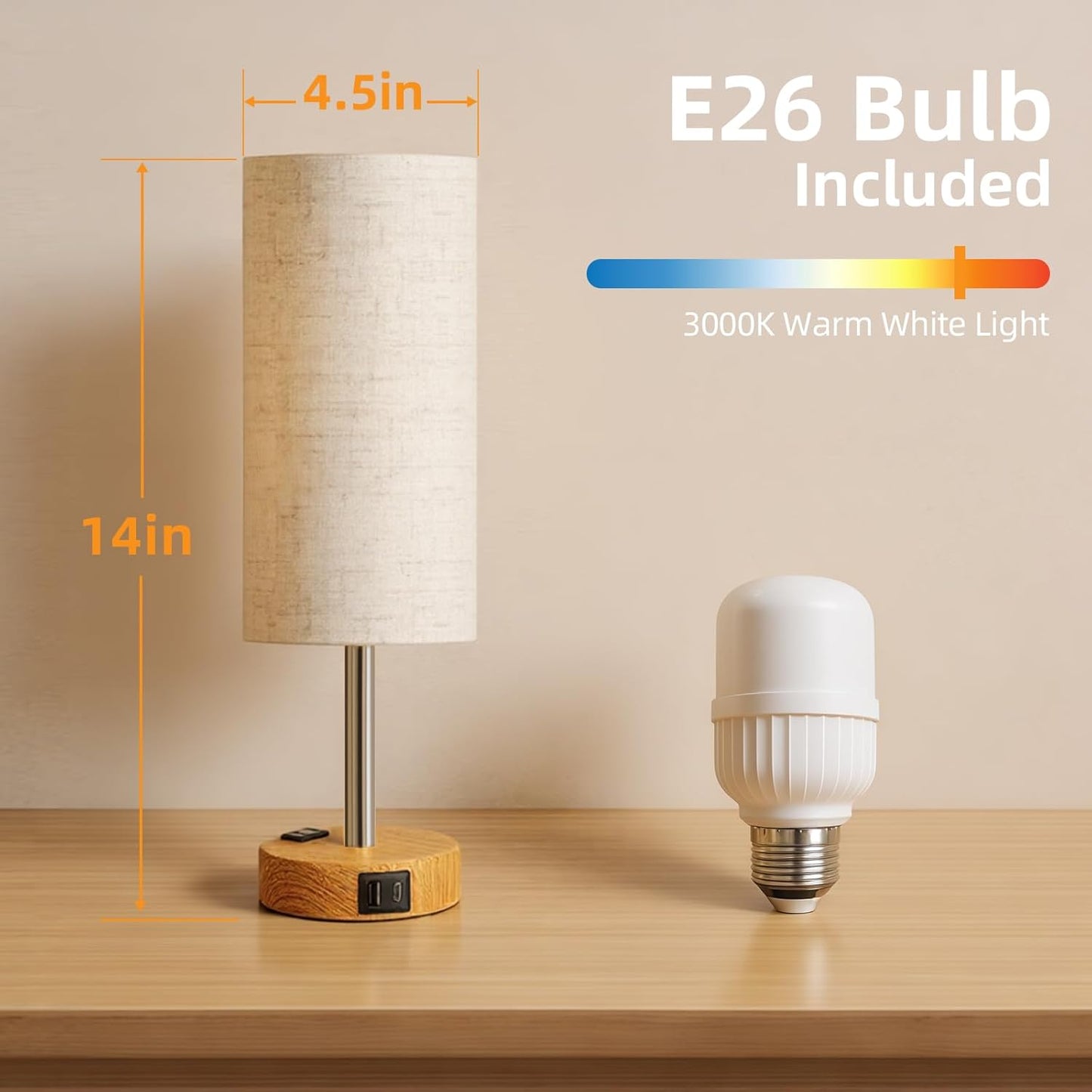 Bedside Table Lamp, High-Sensitivity Touch, 3-Level Dimmable Nightstand Lamp with AC Outlet | USB | and USB-C, Ideal Desk Lamp for Bedside, Bedroom, Reading, Living Room(Led Bulb) (Warm)