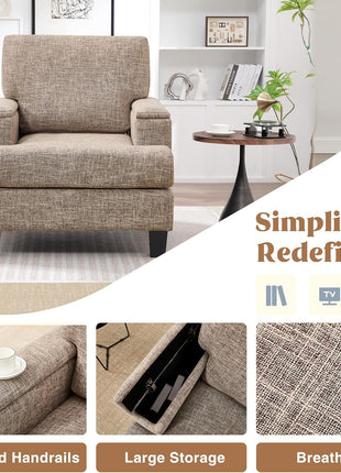Contemporary Upholstered Accent Chair with Armrest Storage for Living Room and Bedroom, Spacious Fabric Single Sofa Chair in Yellowish Brown