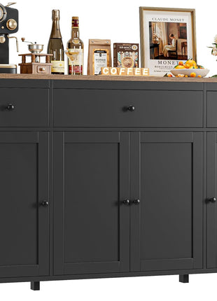 55-Inch Farmhouse Buffet Cabinet with Storage Drawers and Shelves - Versatile Wood Sideboard for Kitchen, Dining, and Living Room in Black