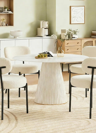 Set of 4 Mid-Century Modern Dining Chairs Featuring Upholstered Curved Backrests and Black Metal Legs in Light Beige
