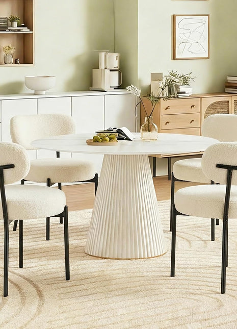 Set of 4 Mid-Century Modern Dining Chairs Featuring Upholstered Curved Backrests and Black Metal Legs in Light Beige