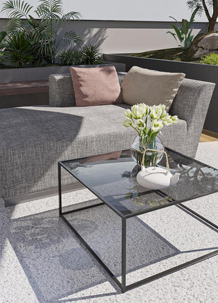 Contemporary Square Glass Coffee Table for Living Room - Tempered Glass Surface with Durable Metal Frame, Perfect for Compact Spaces, Easy Assembly, 26.4 x 26.4 x 15.7 Inches, Gray and Black