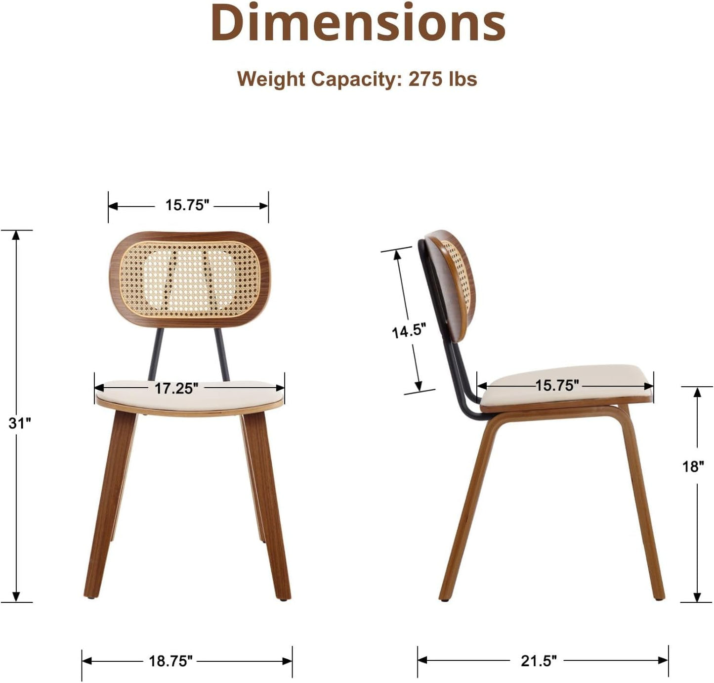 Modern Dining Chairs Set of 2, Upholstered Faux Leather Dining Room Chairs with Rattan Backrests and Wood Legs, Armless Kitchen Chairs for Dining Room, Beige