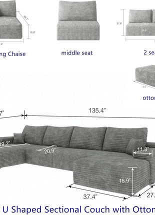 37.4" Plush Corduroy Ottoman - Upholstered Cloud Ottoman for Modular Sectional Couches, Compressed Memory Foam, No Assembly Required, Grey