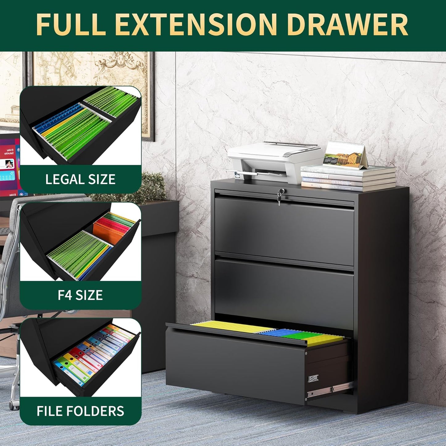 3 Drawer Lateral File Cabinet with Lock, Metal File Cabinets for Home Office, Steel Heavy-Duty Filing Storage Cabinet for Letters/Legal/A4 (Require Assembly, Black)