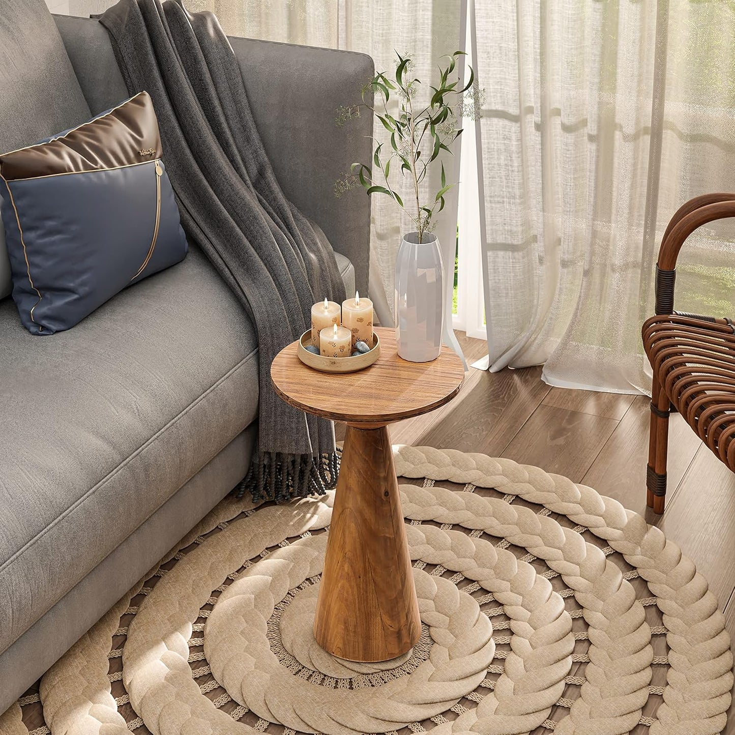 Small Pedestal End Table round Farmhouse Martini Table Wood Plant Stand Rustic Drink Table for Small Space Living Room, Walnut