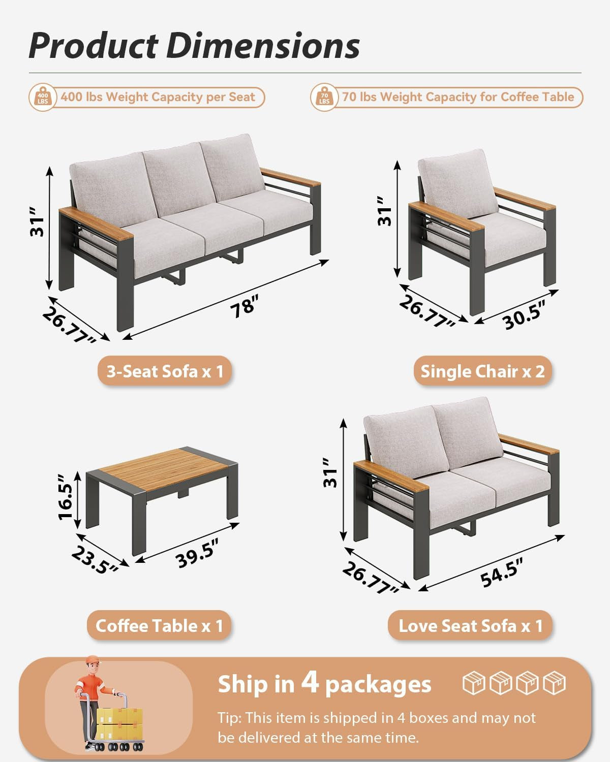 Aluminum Outdoor Patio Furniture Set, 7 Seats Outdoor Sectional with Coffee Table, Patio Conversation Sets with Upgraded Armrests and Cushions for Backyard, Garden and Poolside