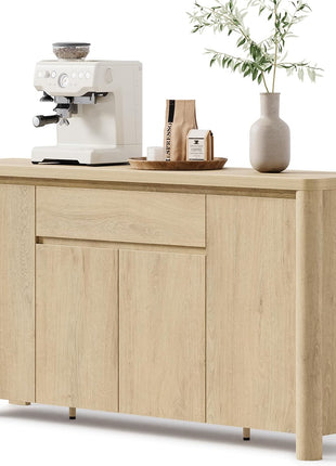 63" Sideboard Cabinet with Storage, Four-Door Buffet Cabinet with Drawer and Adjustable Shelves, Contemporary Wood Credenza Coffee Bar for Living and Dining Rooms, Natural Oak Finish