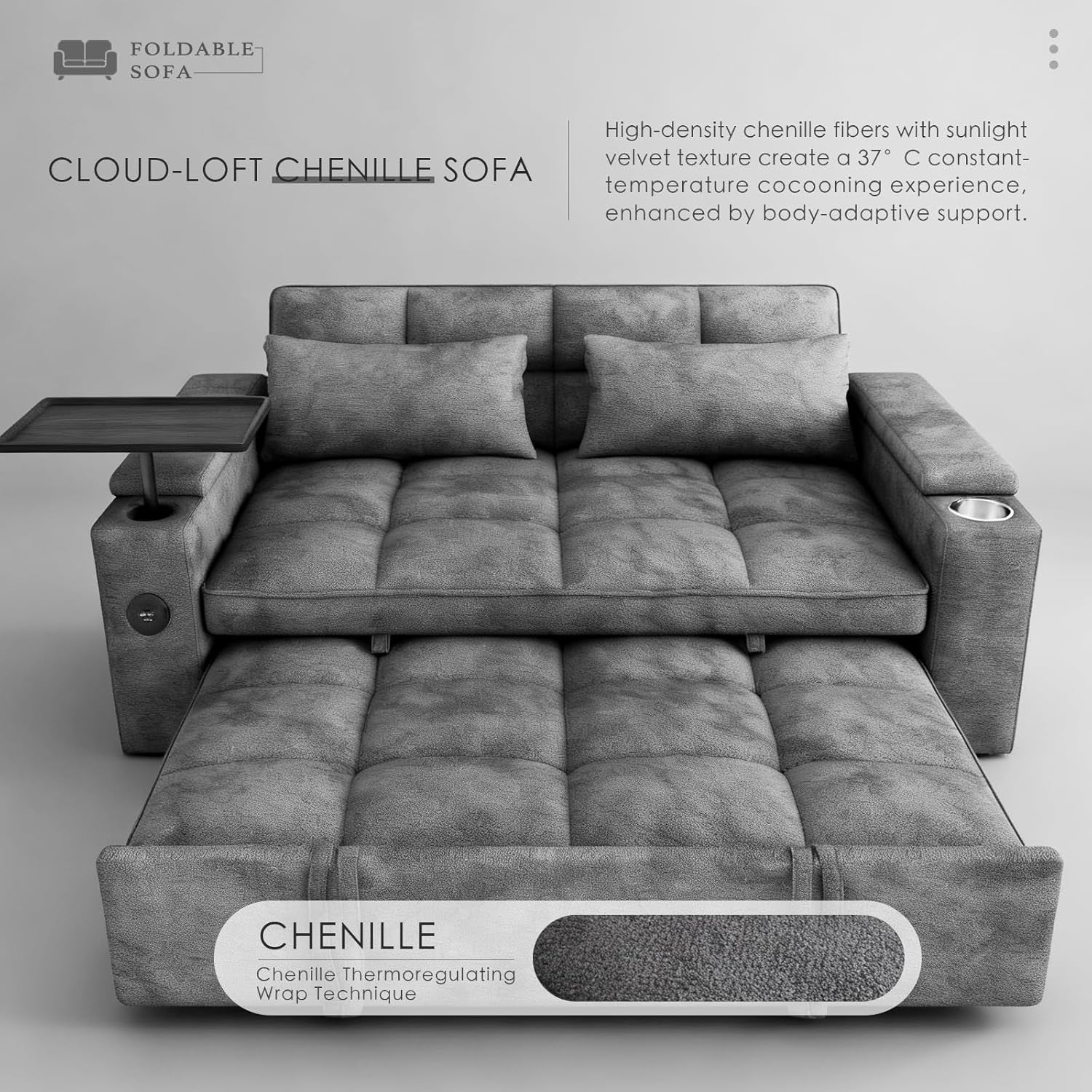 65'' 3 in 1 Convertible Sleeper Sofa Bed, Chenille Pull Out Couch for Living Room with 90° Swivel Side Table, Loveseat Sleeper with Charging Port | Side Pocket | Cup Holders, Grey