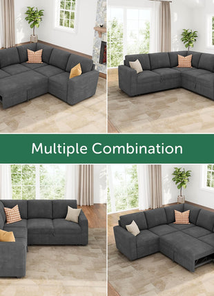 Stylish Dark Grey Modular Sectional Sleeper Sofa with Pull-Out Bed and Storage - Versatile L-Shaped Couch for Living Room Aesthetics