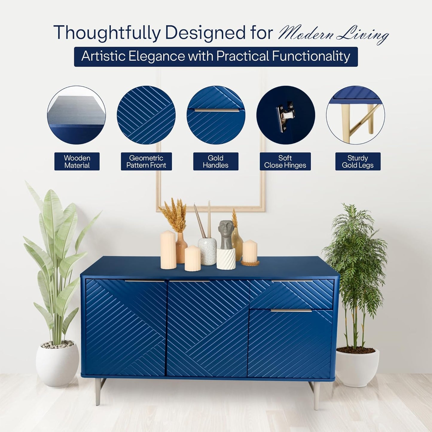 Modern Sideboard Buffet Cabinet with Storage, 47'' Navy Blue Credenza Gold Handles with 3 Doors and 1 Drawers, Wooden Kitchen Coffee Bar Cabinet for Living Room Farmhouse, Hallway