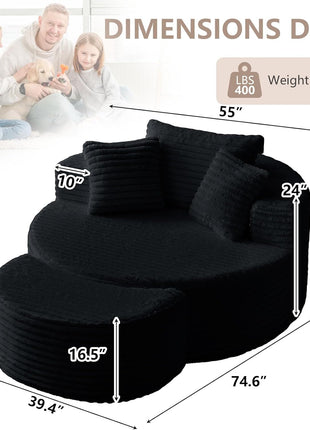 74.6" Oversized Round Chaise Lounge Chair with Ottoman - Fluffy Upholstered Corduroy Deep Seat Large Boneless Circle Sofa for Living Room and Bedroom, No Assembly Required, Black