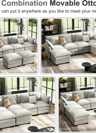 107" U-Shaped Modular Cloud Couch Sectional Sofa, 4-Seat Deep Seating with 6 Removable Washable Pillows and 2 Ottomans, Ideal for Living Room, Bedroom, or Apartment in Light Grey