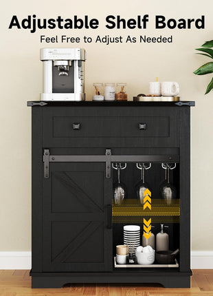 32-Inch Farmhouse Coffee Bar Cabinet with Sliding Barn Door and Drawers, Buffet Table with Storage, Kitchen Sideboard with Wine Glass Rack for Living and Dining Room, Black