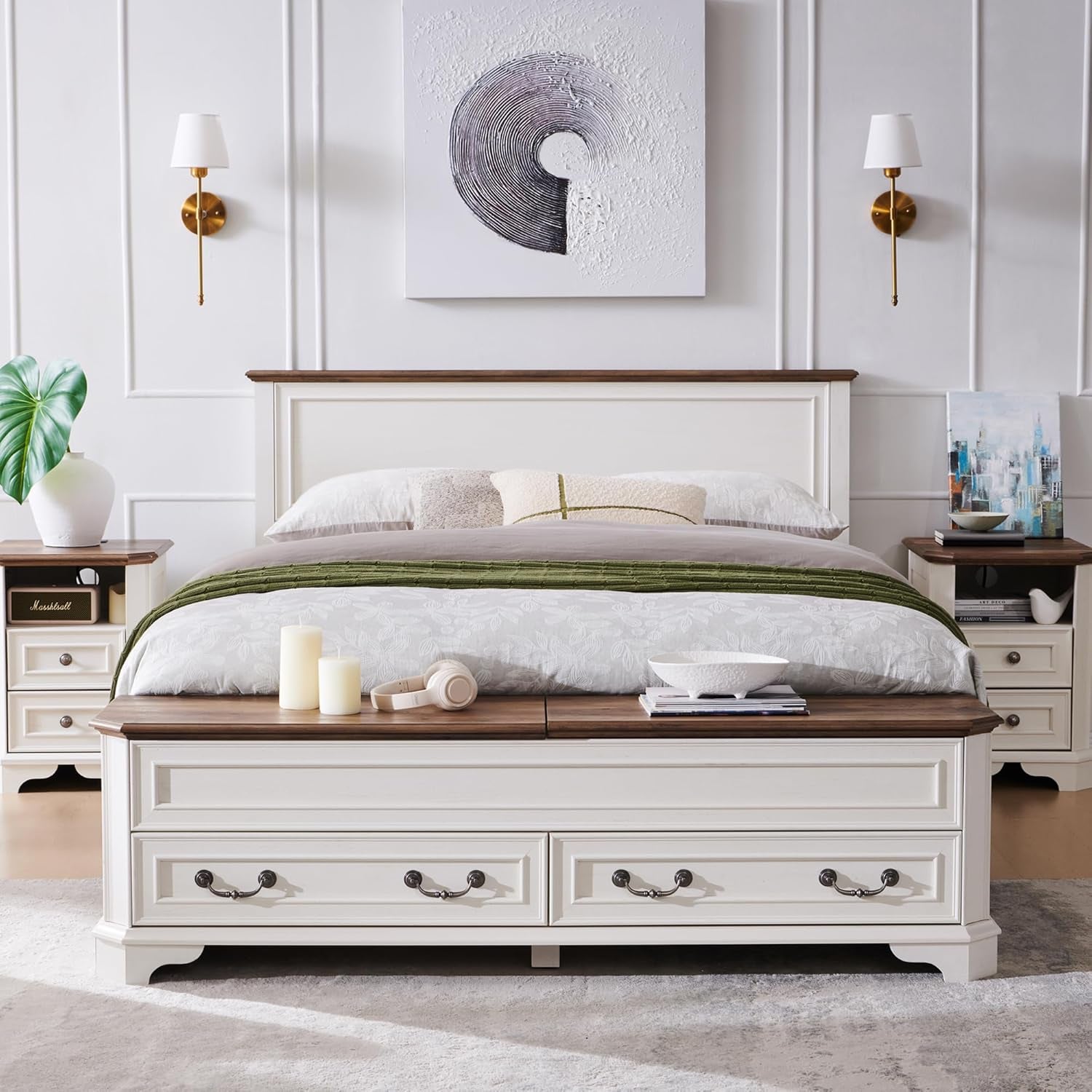 Farmhouse Queen Bed with Headboard and Storage Bench, Rustic Wood Platform Bed with 64" Storage Chest W/ 4 Large Drawer (Antique White)