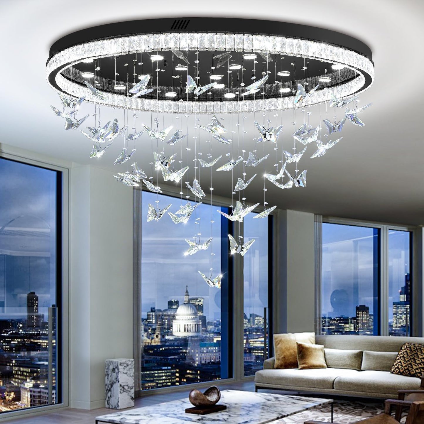Butterfly Chandelier Black 48In Modern Crystal Raindrop Chandelier Lighting Flush Mount Ceiling Chandeliers for Living Room 20XGU10