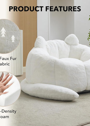 Large Cat-Shaped Bean Bag Chair - Faux Fur Upholstered Sofa for Adults with Padded Design and Cat Tail Accent, Soft Living Room Chair (White)