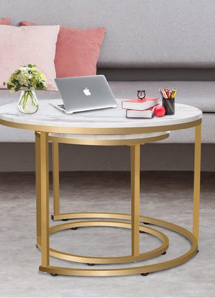 Modern Industrial Nesting Coffee Table Set of Two with Gold Frame and Marble Finish, White Circular Wooden Design for Living Room and Bedroom