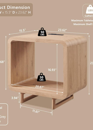 23.6-Inch Contemporary End Table with Integrated Charging Station, Two-Tier Design, Open Storage Shelf, and Electrical Outlet, Wooden Nightstand for Bedroom and Living Room, Easy Assembly, Natural Oak Finish