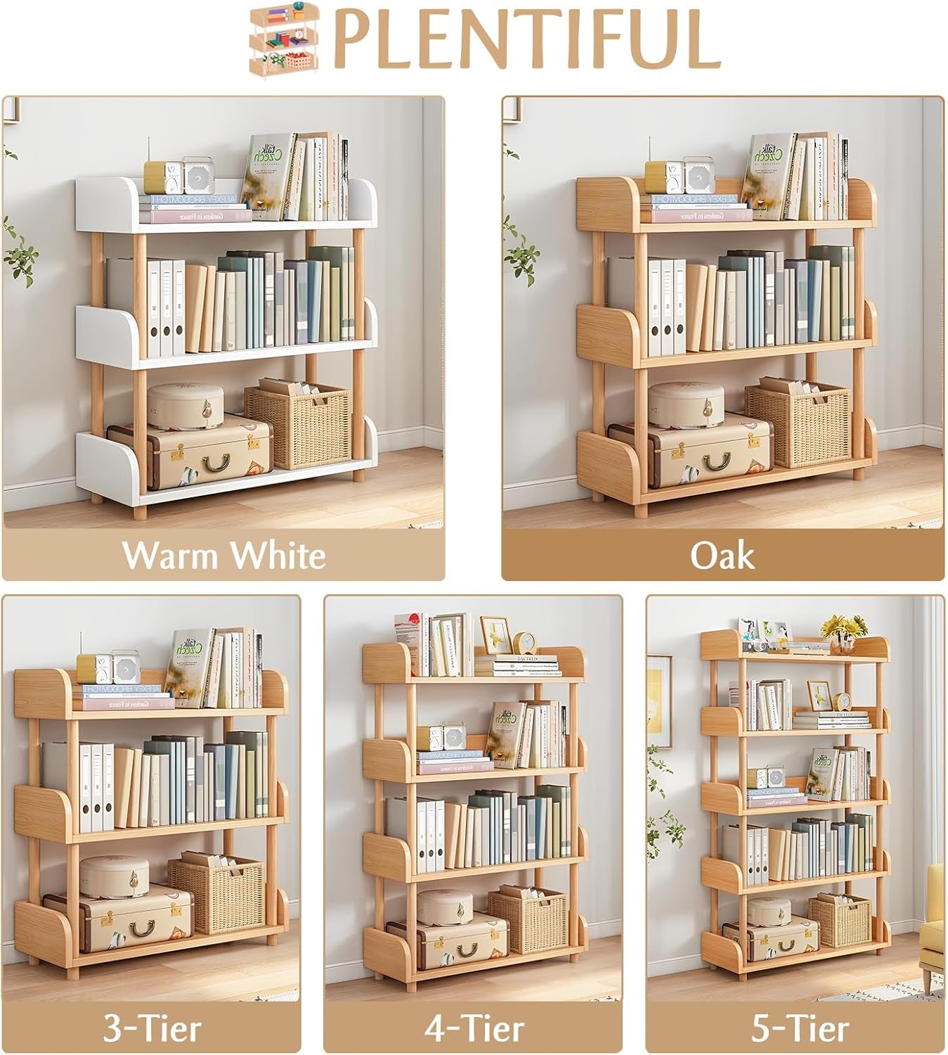 3-Tier Wooden Open Bookcase - Modern Display Bookshelf with Top Edge and Solid Wood Frame for Home and Office, Storage Cabinet, Oak