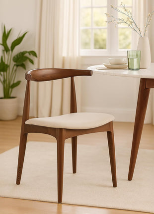 Set of 2 Solid Wooden Dining Chairs with Upholstered Beige Linen Cushioned Seats | Modern Farmhouse Elbow Side Chairs for Home, Kitchen, Office, and Meetings (Espresso)