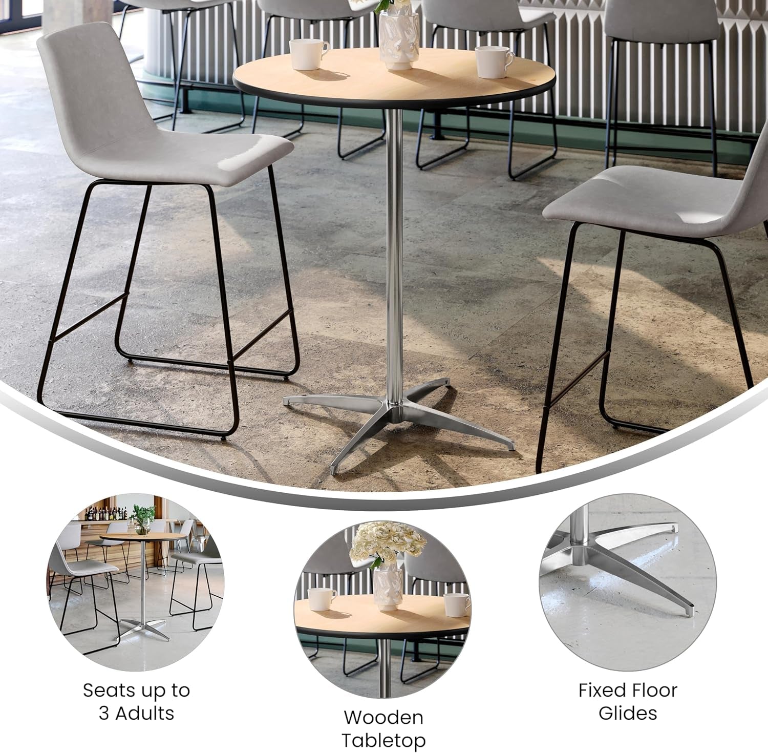 Lars 30" round Cocktail Table with 30" and 42" Columns, Adjustable Standard or Bar Height round Table for Events or Home Use, Natural