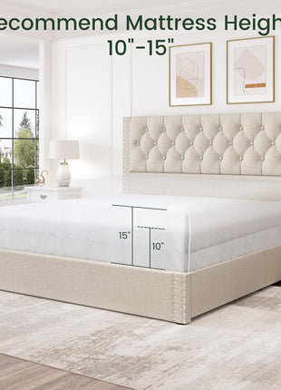 King Size Upholstered Platform Bed Frame with Tufted Headboard and 4 Storage Drawers, Heavy Duty Wood Slats, No Box Spring Required, Easy Assembly, Beige