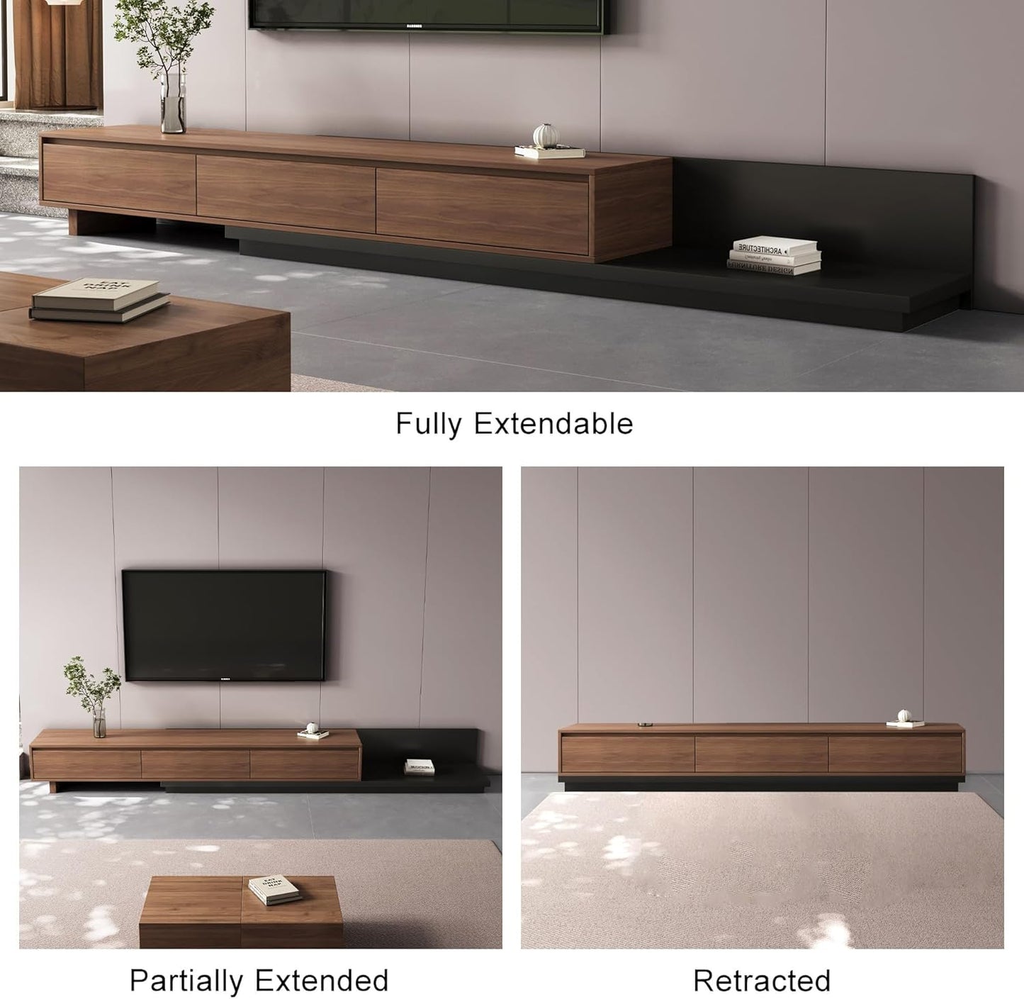 Mid-Century Modern Expandable TV Stand with 3 Drawers – Adjustable Entertainment Center for Living Room & Bedroom (79" to 130"), Stylish Walnut Brown Media Console