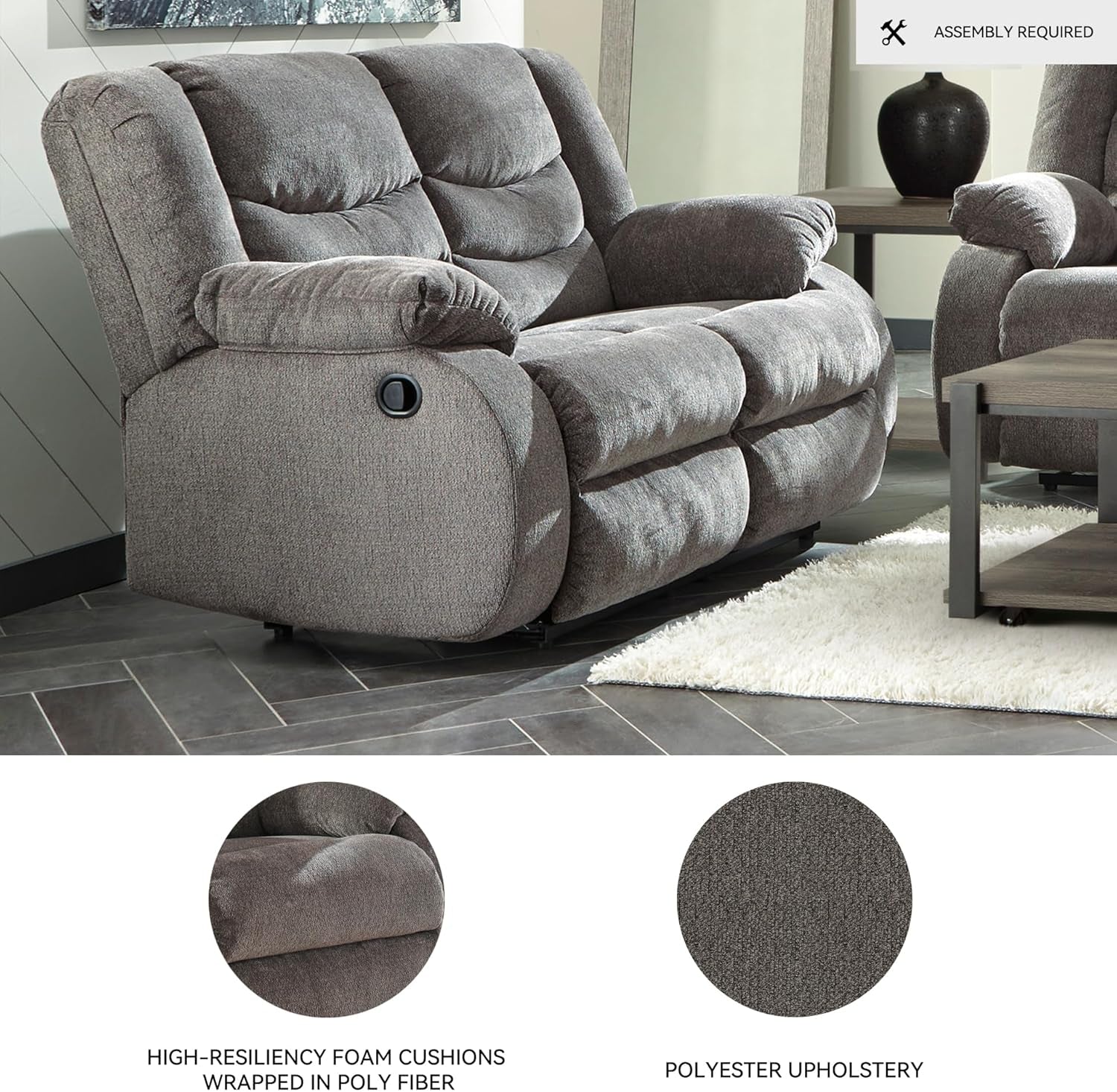 Tulen Reclining Loveseat, Dual-Sided Recliner, Pull Tab Reclining Motion, Fabric Upholstery, 63" W X 40" D X 40" H, Dark Gray