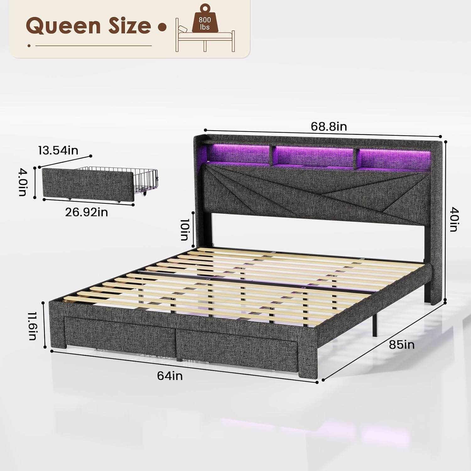 LED Queen Bed Frame with 2 Storage Drawers, Upholstered Bed Frame Queen Size with Headboard and Charging Station, No Box Spring Needed, Easy to Assembly-Dark Grey