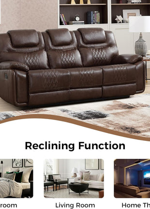 Genuine Leather Three-Seat Manual Reclining Sofa with Overstuffed Armrests, Ideal for Living Rooms, Meeting Rooms, and Bedrooms, Dark Brown
