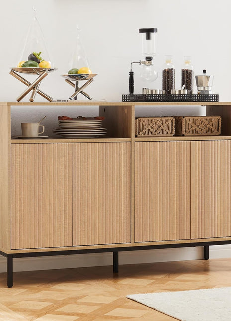 Modern Farmhouse Buffet Sideboard Cabinet with Storage, Fluted Coffee Bar Design, Adjustable Shelves, Natural Wood Console for Kitchen and Living Room (Fluted 4 Door)