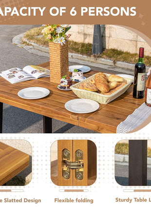 Acacia Wood Dining Table for Six with Iron Legs, Sandblasted Finish, Natural Stain, Rustic Metal Accents - 69 x 33 x 30 Inches (Natural)