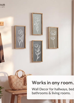 3D Wooden Floral Wall Art Set (4 Pieces) - Lightweight, Ready-to-Hang Framed Decor for Living Spaces - Premium Boho Botanical Farmhouse Decorations - Gift-Boxed