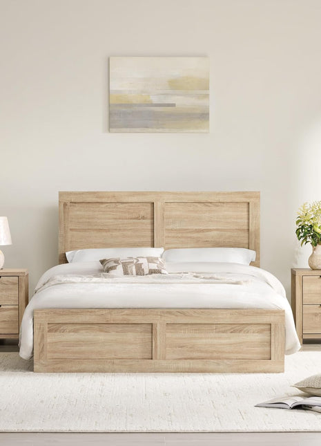 Queen Size Wood Platform Bed Frame with Two Nightstands, Featuring Storage and Type-C Charging Port, Farmhouse Bedroom Furniture Set