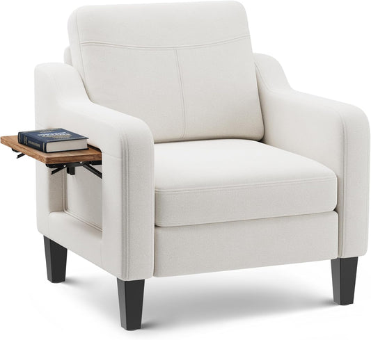 Accent Chair for Living Room Modern Linen Upholstered Armchair Side Wooden Fabric Sofa Chair with Foldable Table 2 Side Pockets Comfy Reading Chair for Bedroom