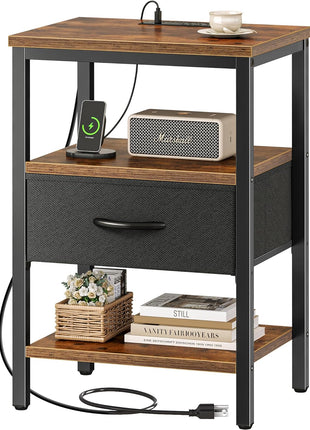 Rustic Brown and Black Nightstand with Integrated Charging Station, Adjustable Fabric Drawer, and 3-Tier Storage for Bedroom and Living Room