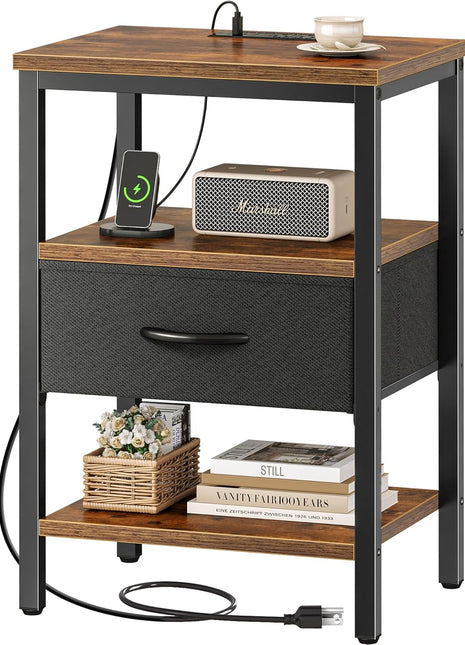 Rustic Brown and Black Nightstand with Integrated Charging Station, Adjustable Fabric Drawer, and 3-Tier Storage for Bedroom and Living Room