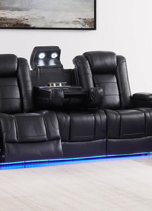 Black Leather Power Recliner Sofa with Arm Storage, Power Headrest, and Wireless Charging - Luxurious Living Room Couch with Cup Holders, Breathable Material, LED Lighting, Hidden Outlet, USB, and Type-C Ports