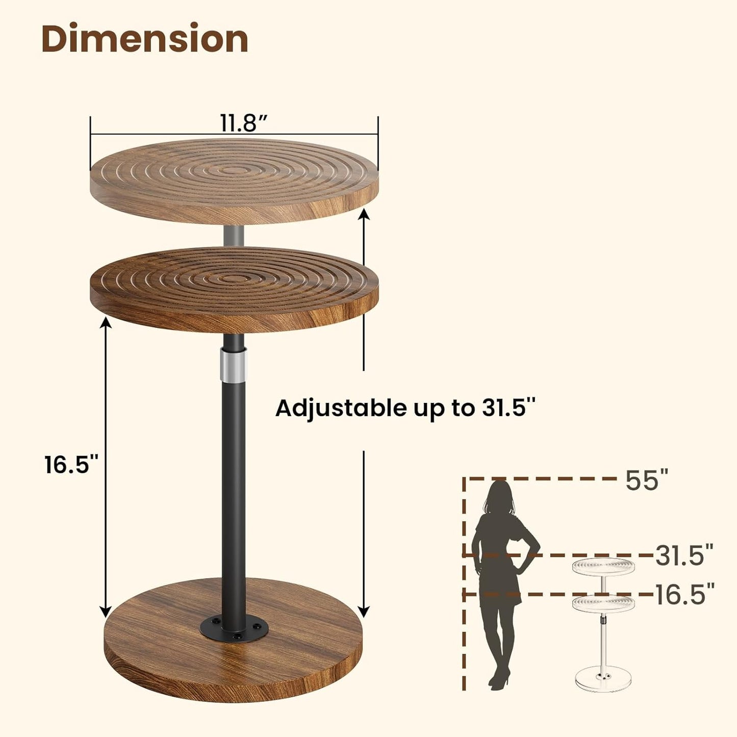 Round Side Table, Adjustable-Height Small Drink Table, Pedestal Martini Stand, Weighted Base Cocktail Table Accent Nightstand for Living Room, Bedroom, Bathroom, Office, Walnut