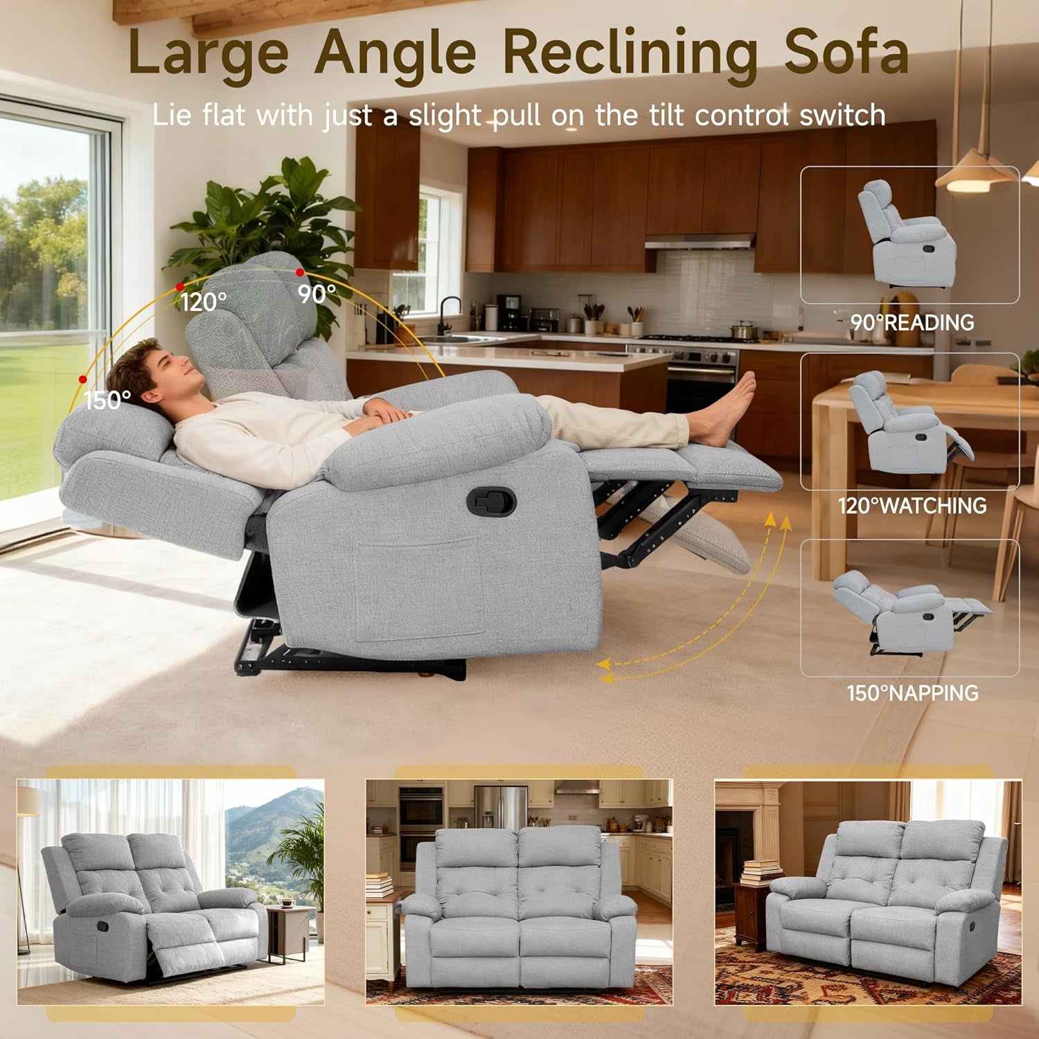 Reclining Loveseat Recliner Sofa, 2-Seater Double Manual Dual Recliner Oversized Couches for Living Room, Bedroom, Rv(Loveseat, Grey)