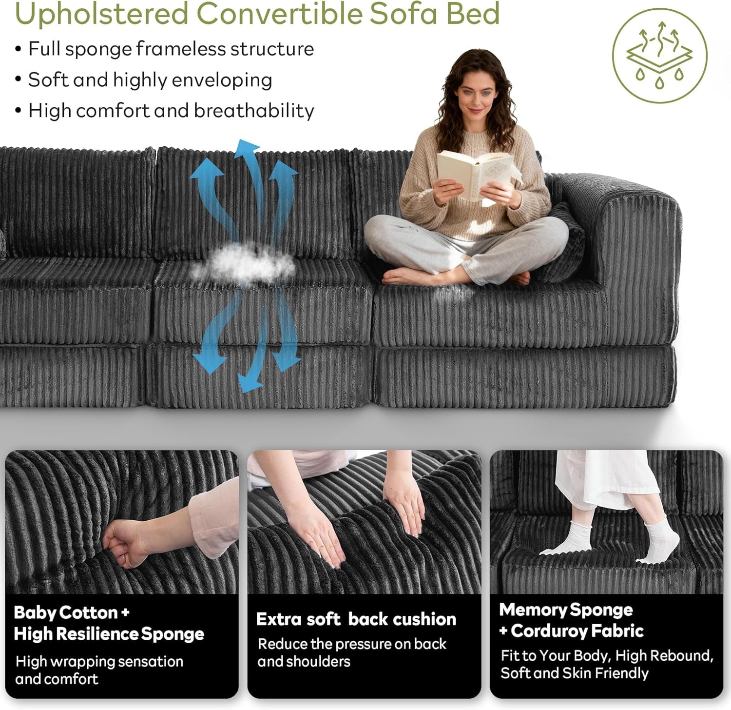 79" Corduroy Folding Convertible Sleeper Sofa Bed Queen, Grey Pull Out Floor Modular Couch with Pillow, Memory Foam Boneless Couchs Sectional for Living Room Bedroom (2, Grey)